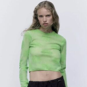 ZARA Daisy Floral Long-Sleeve Mesh Sheer Crop Top Neon Green Medium